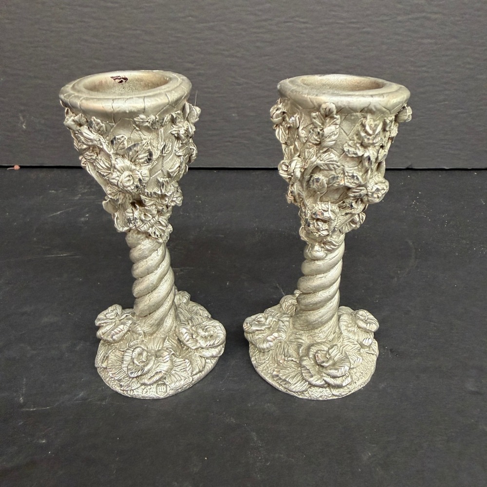1994 MWFP Pewter Rose Candlestick Holders Silver Floral Shabby Cottagecore Set 2